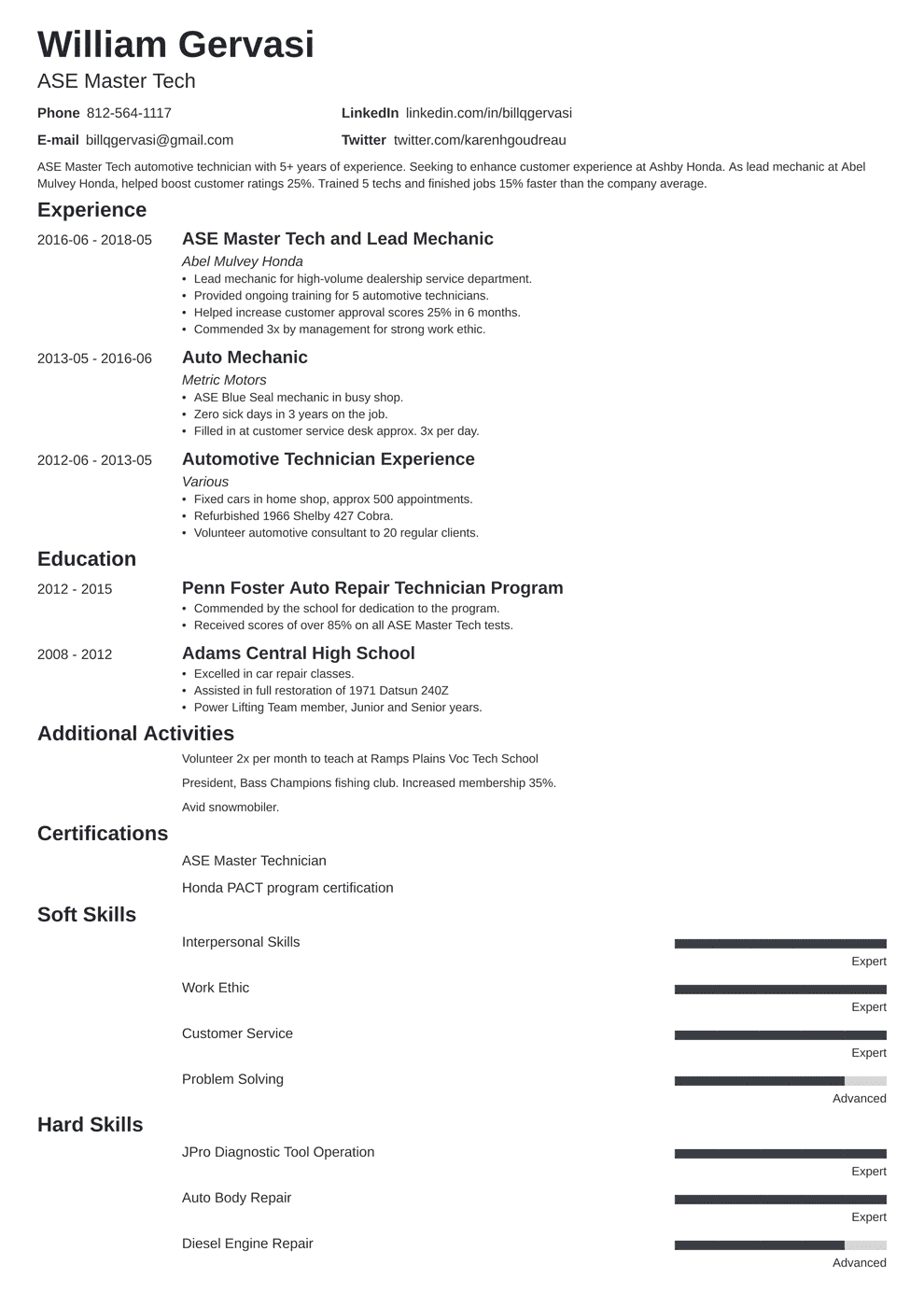 Auto Mechanic Automotive Technician Resume Examples