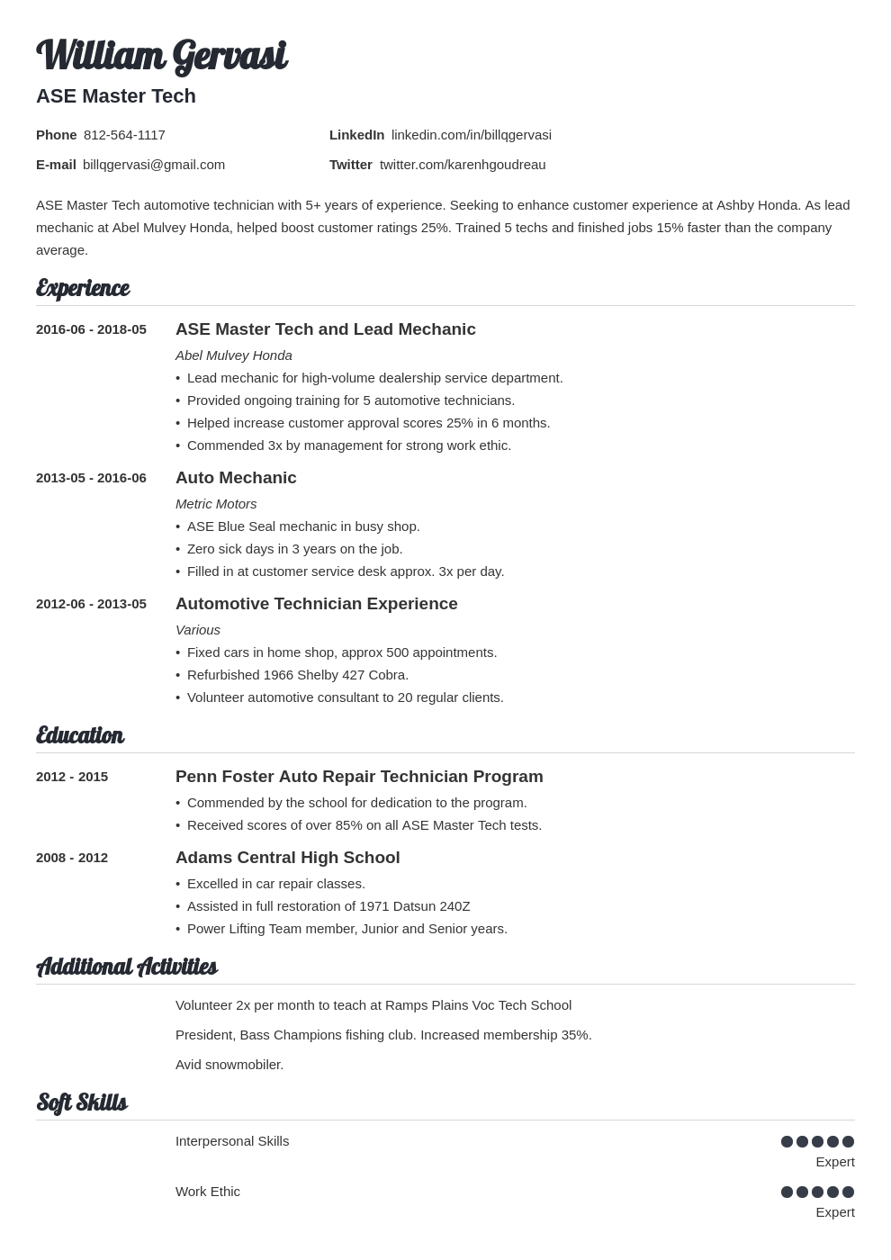 mechanic resume example template valera