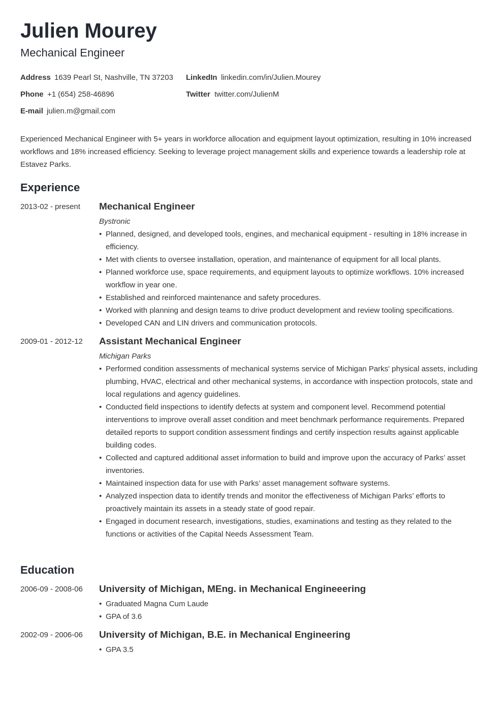 mechanical engineering resume template minimo