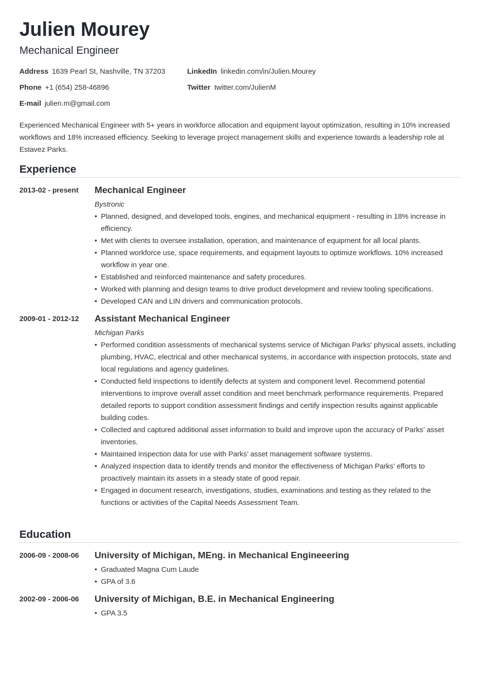 mechanical engineer personal summary resume