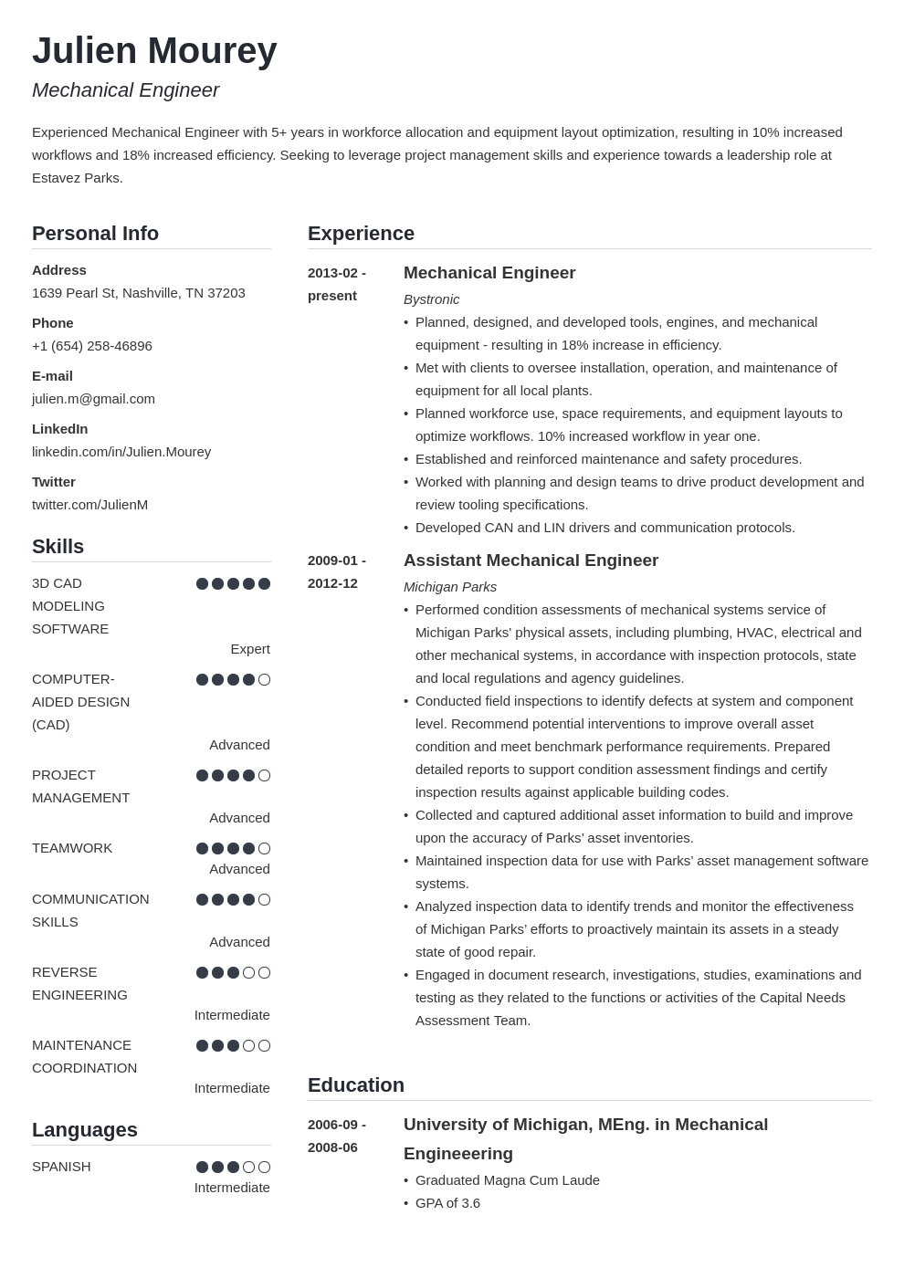 mechanical engineering resume template simple