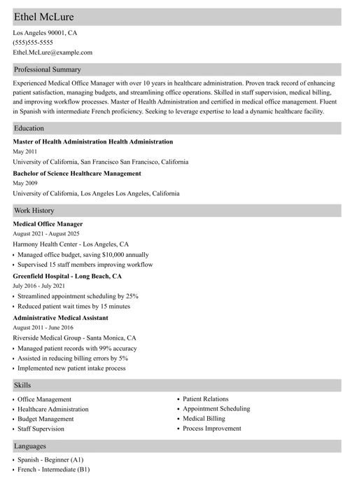 medical office manager resume sample