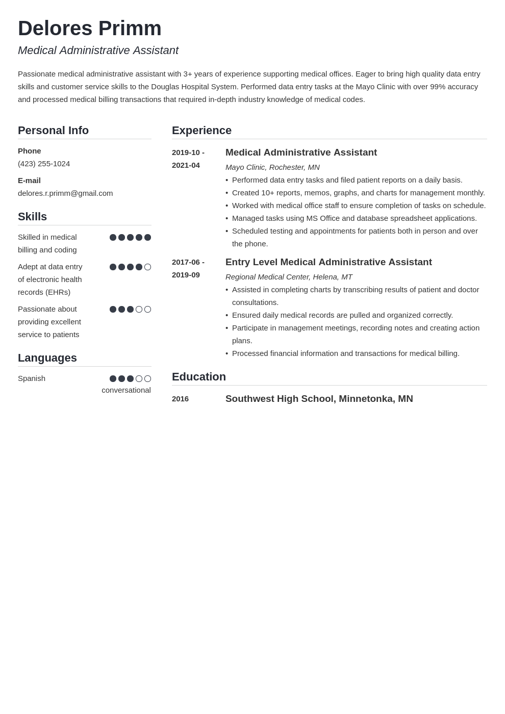 resume examples for medical administrative assistant