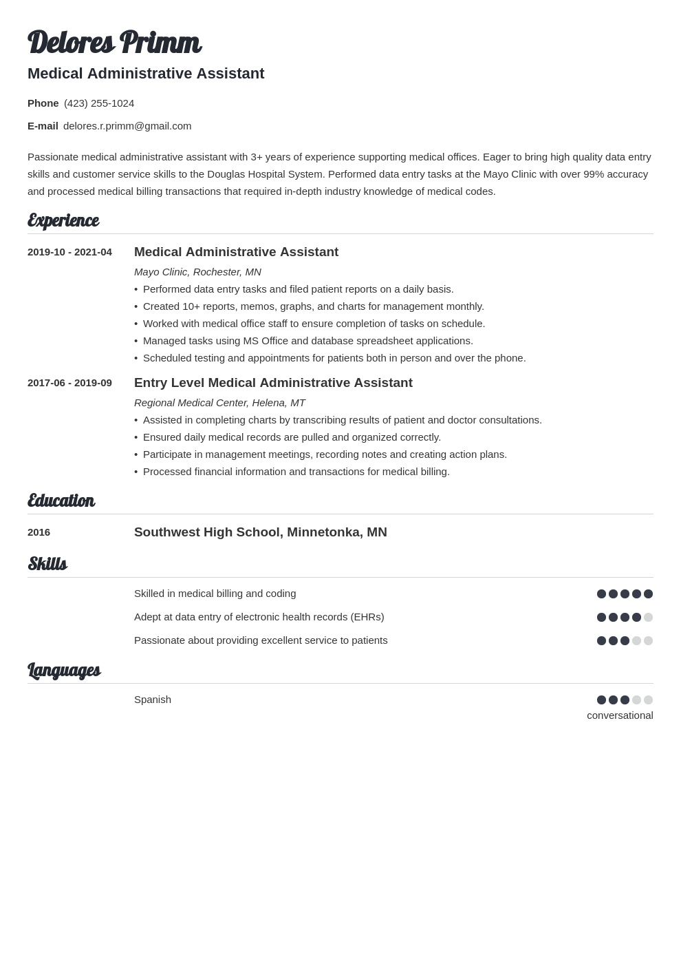 sample resume objective for medical office assistant