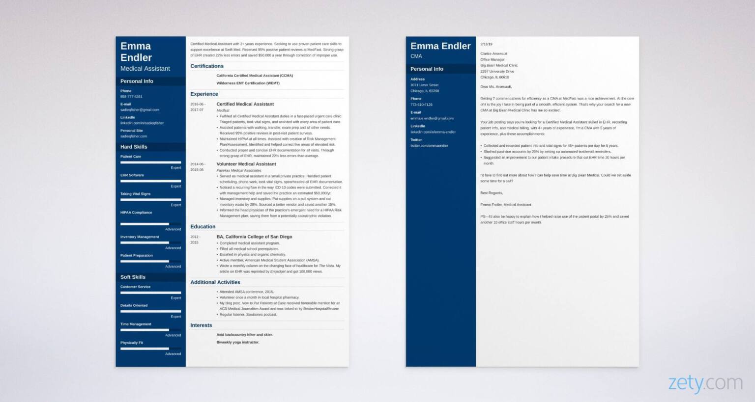 A comparison of a simple resume and an impressive, professionally-formatted resume created with the Zety resume builder, showcasing the Cubic resume template with a narrow, full-color header area and a two-column layout that presents the candidate's contact information and expertise on the right side of the page.