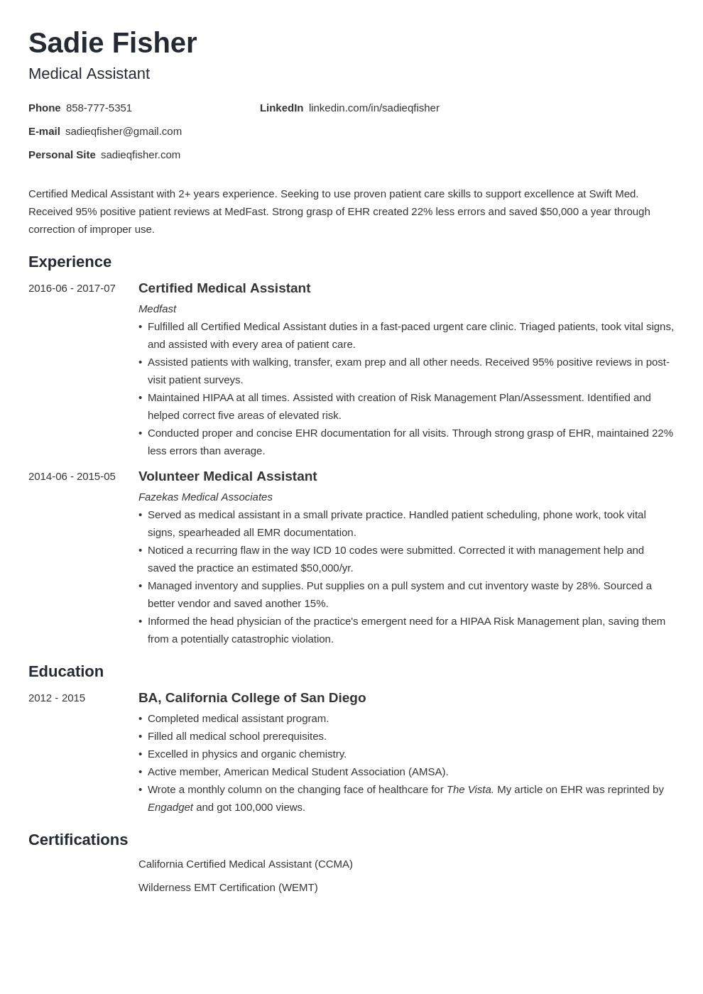 medical assistant qualifications resume