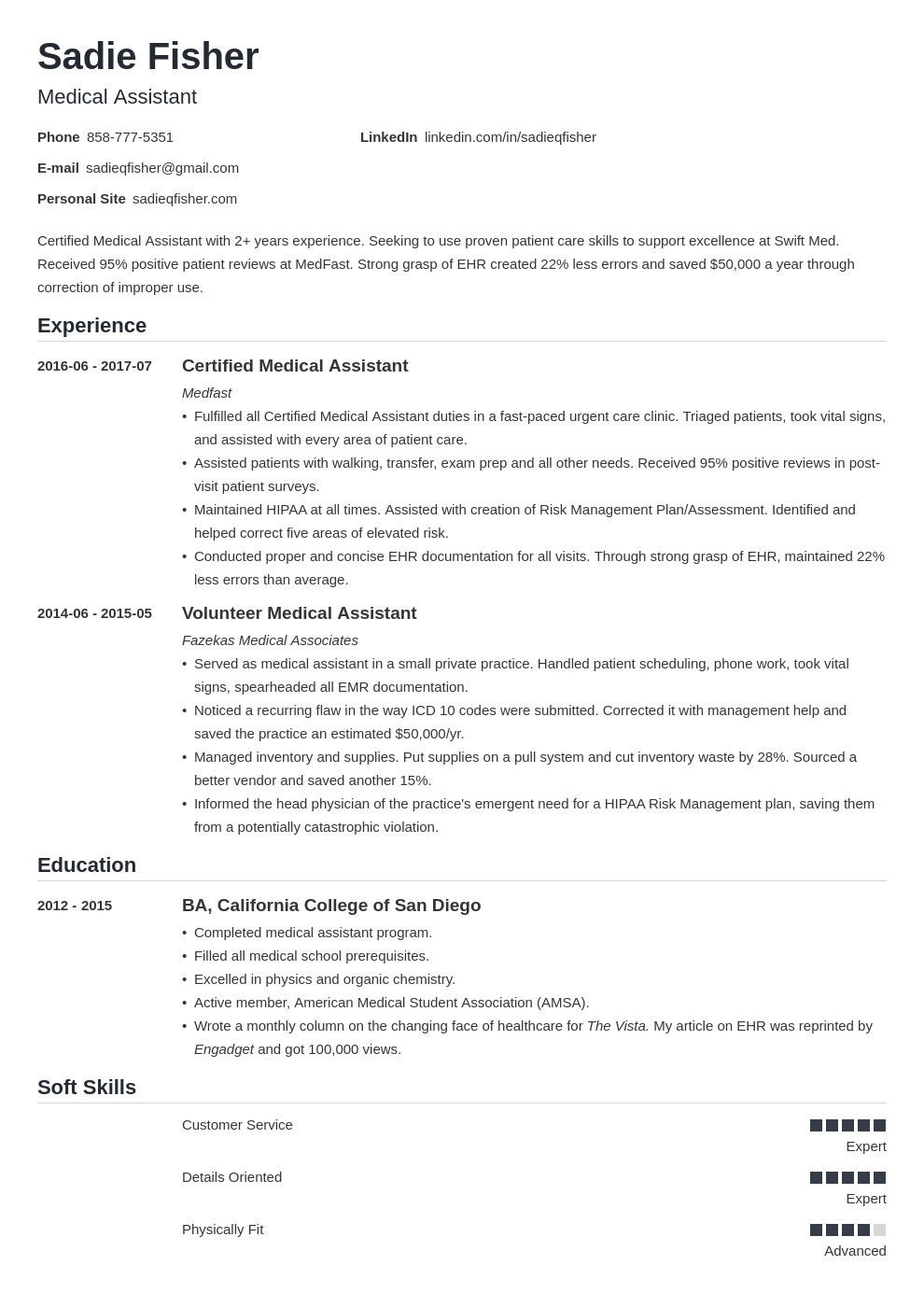 resume samples for medical assistant