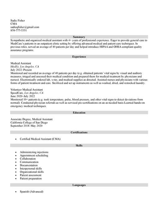 medical assistant resume example