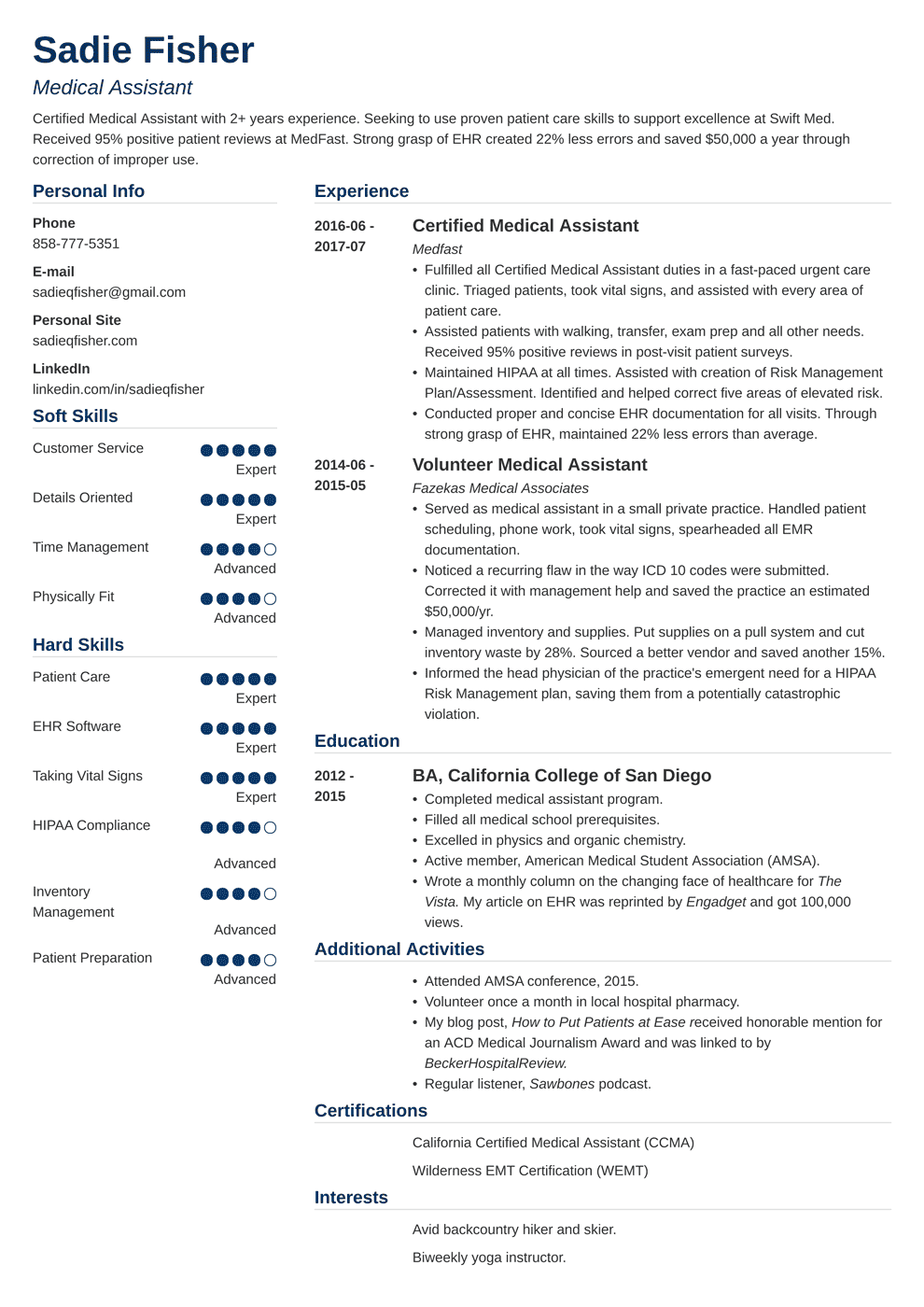 Medical Assistant Resume Examples Duties Skills Template