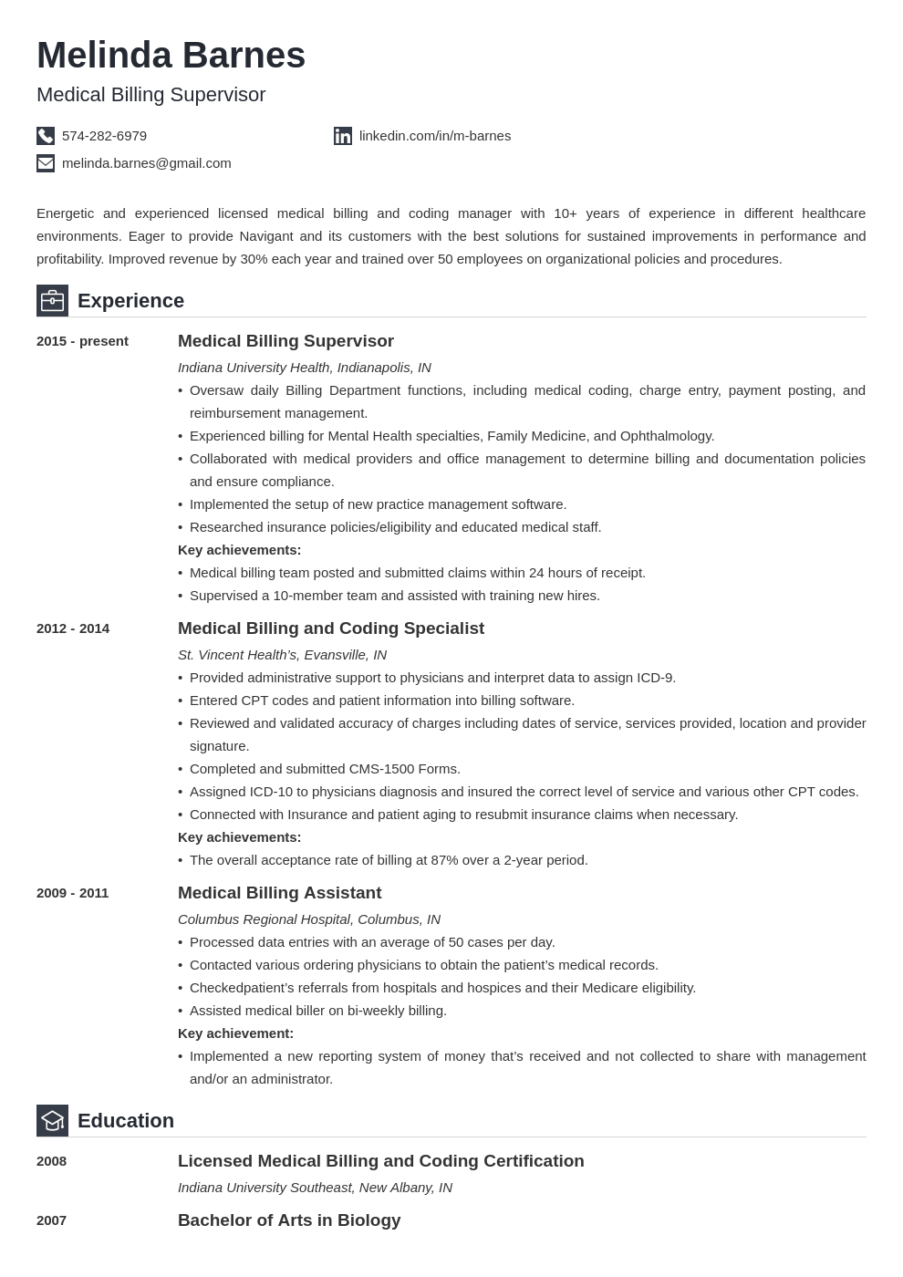 Medical Billing Resume Sample Free