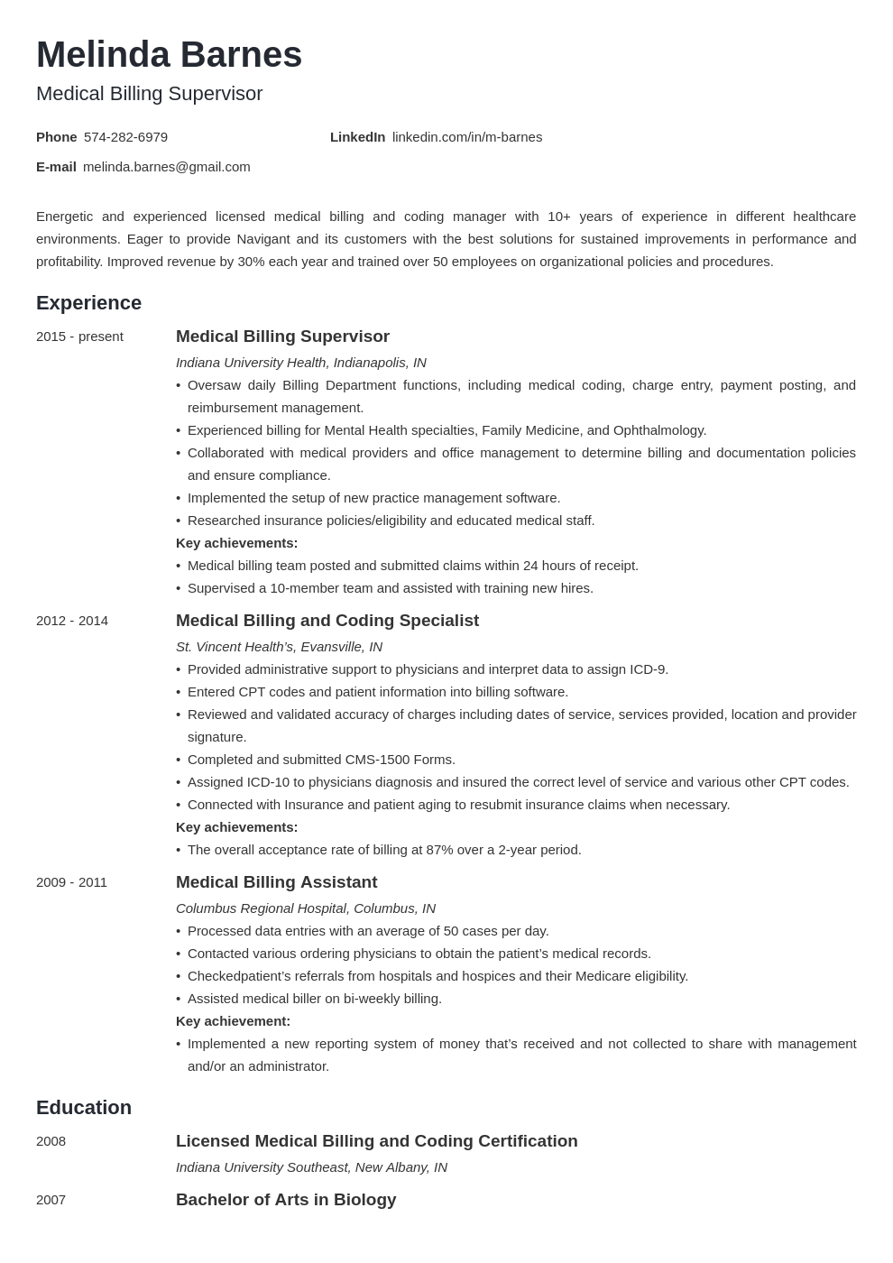 medical billing summary in resume