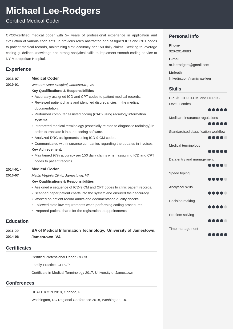 resume for medical coding job