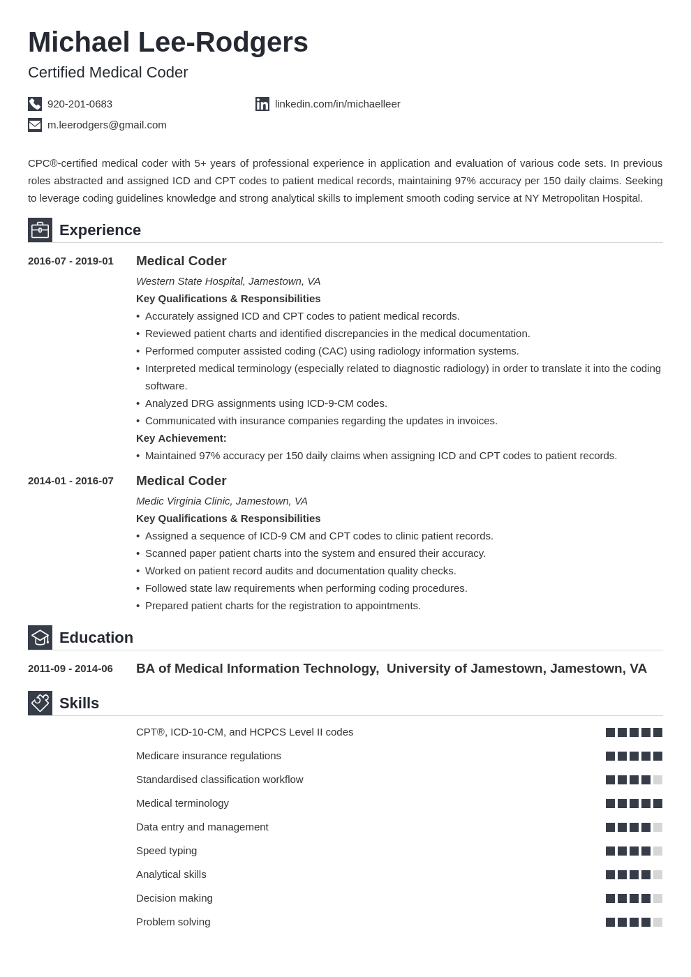 medical coder resume example template iconic