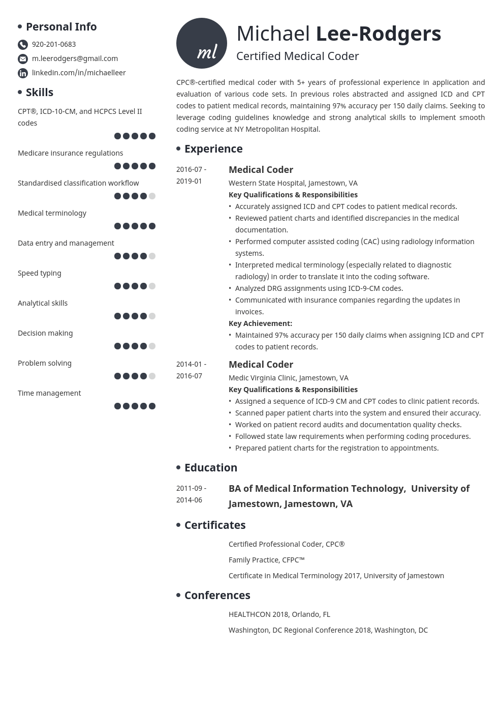 medical coder resume example template initials