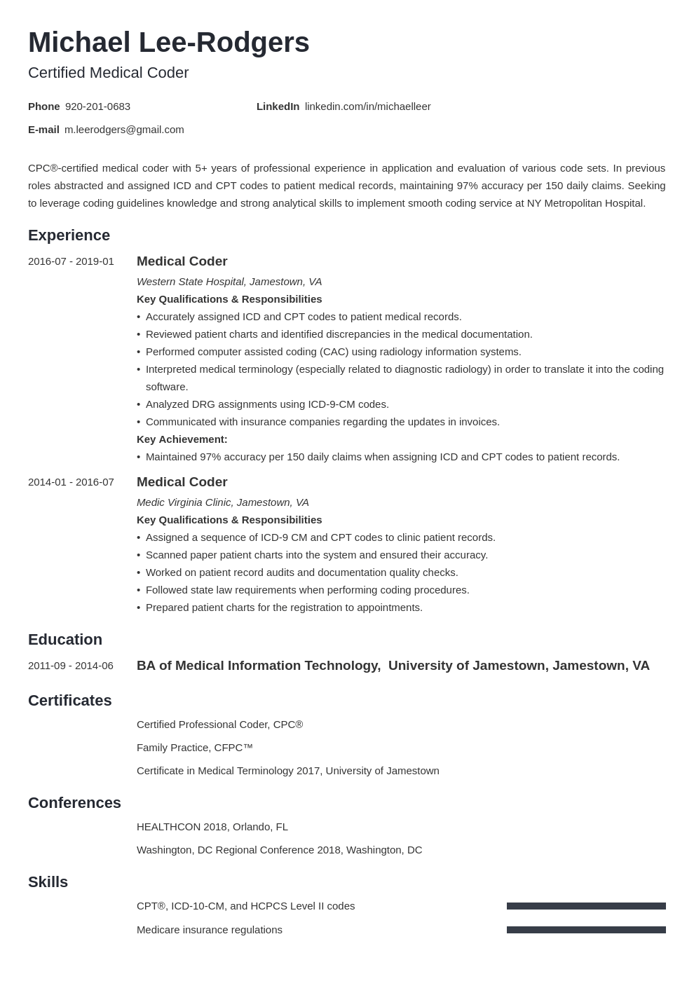 Medical Coder Resume Sample Guide 20 Tips