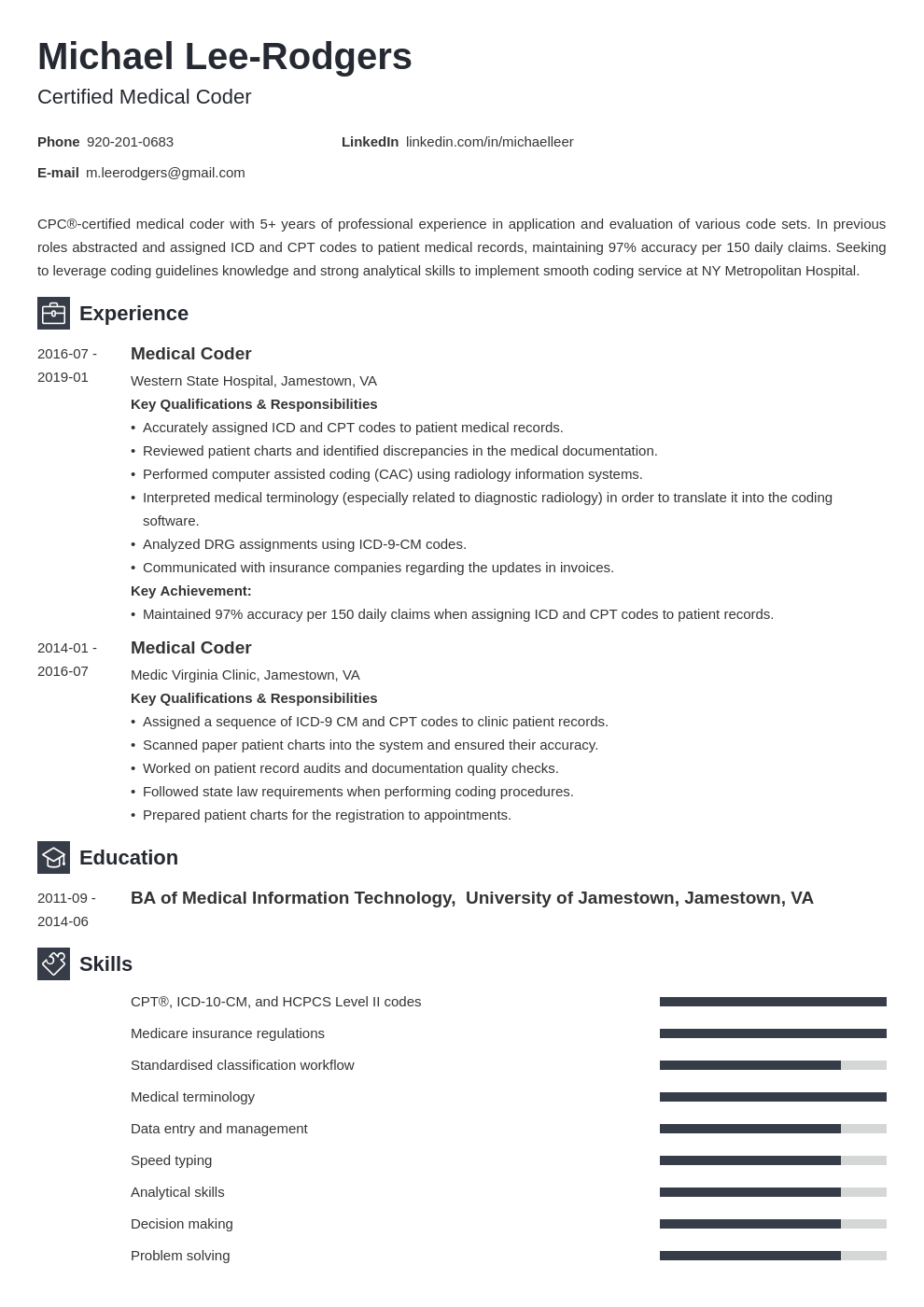 medical coder resume example template newcast