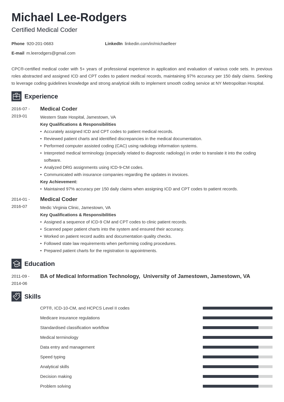 Medical Coder Resume Sample Guide 20 Tips 