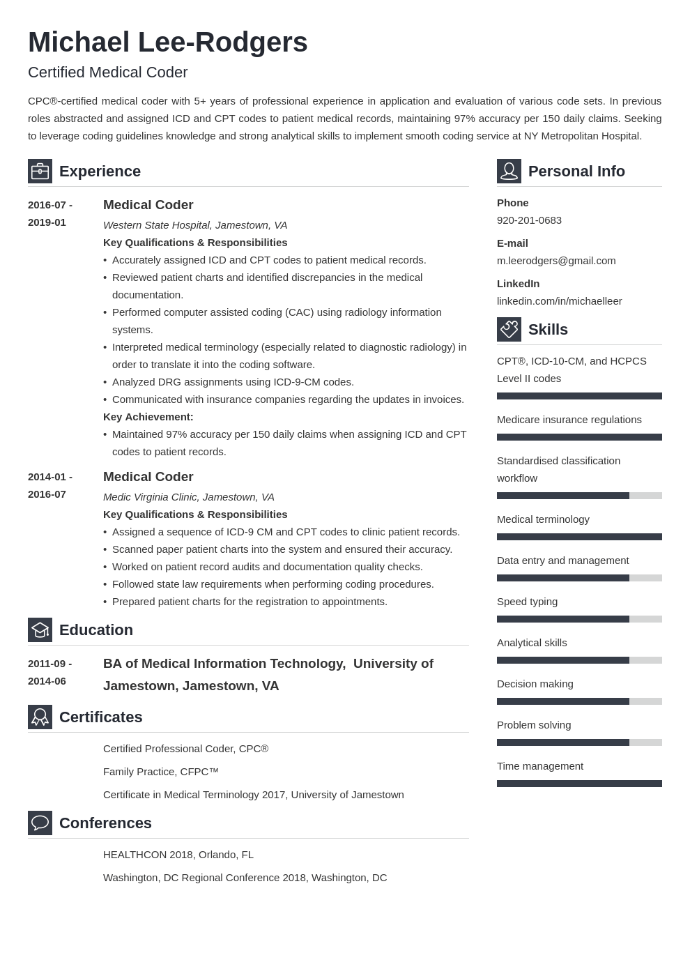 medical coder resume example template vibes