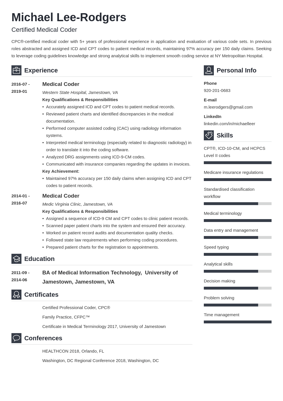 resume for medical coder fresher