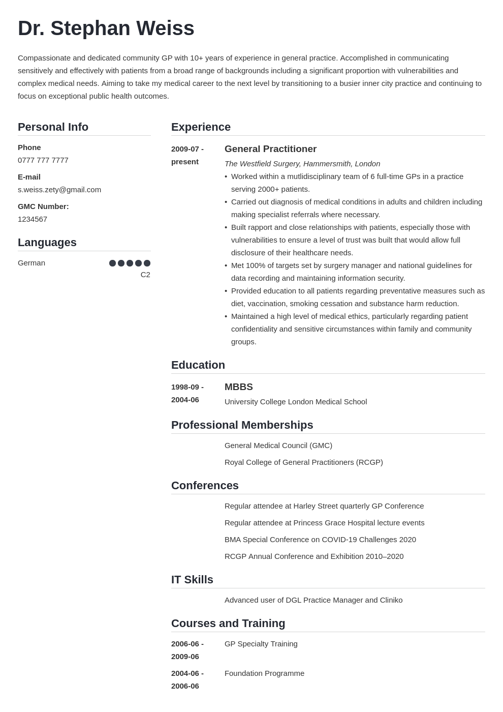 Medical Cv Template Word Free