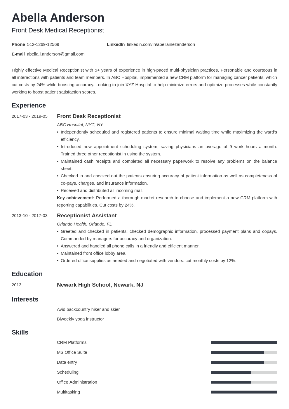 medical receptionist resume example template minimo