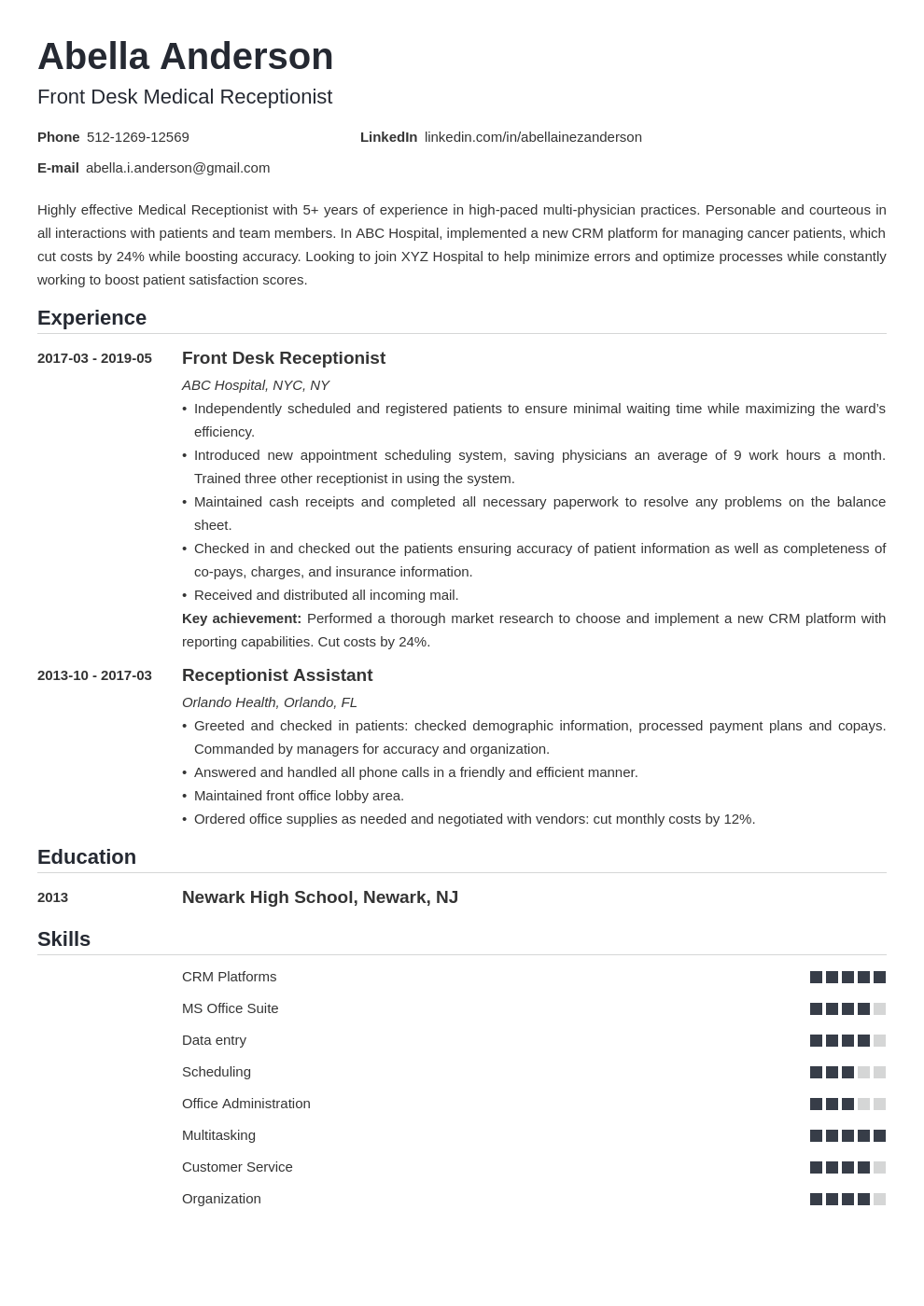 Medical Receptionist Resume Example + Duties & Skills