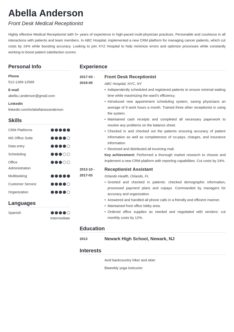 medical receptionist resume example template simple