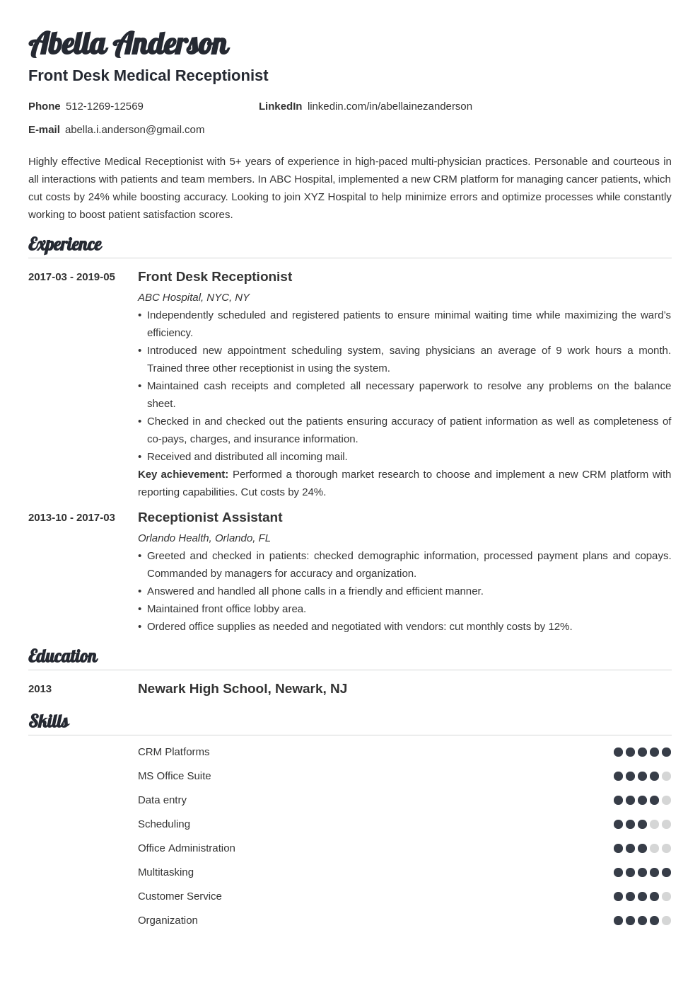 Medical Receptionist Resume Example Duties Skills