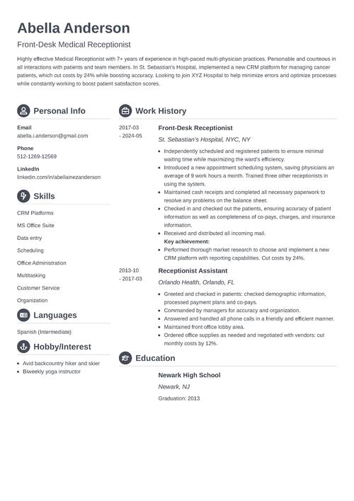 medical receptionist resume template by Zety