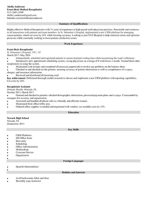 Medical Receptionist Resume Example