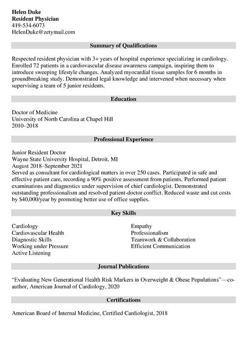 medical resident CV example