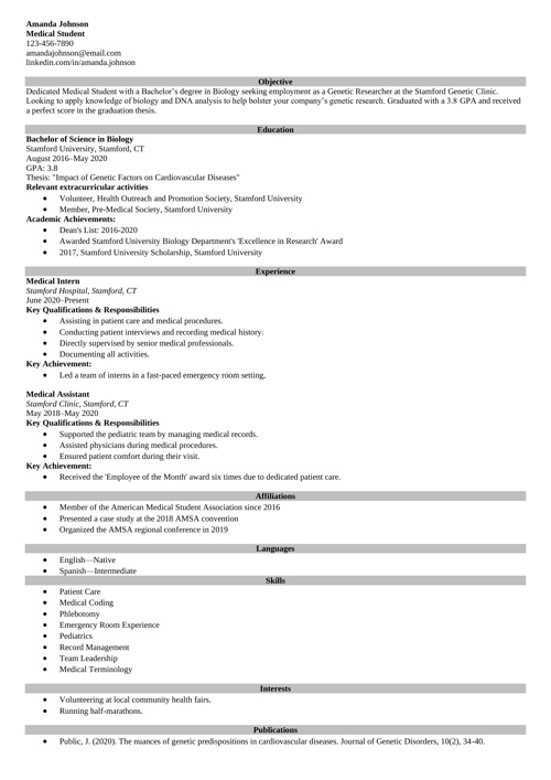 Medical school resume example