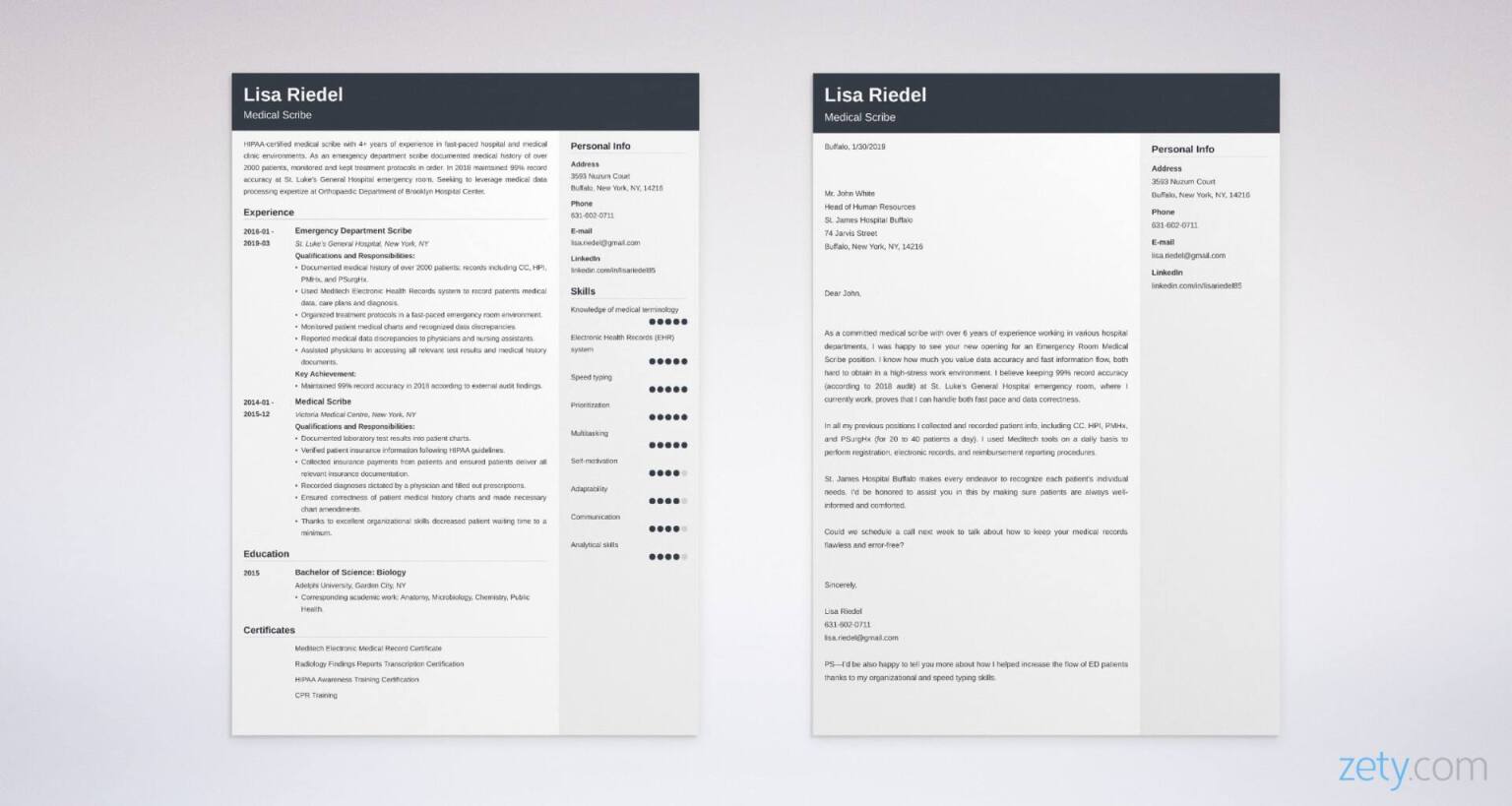 medical scribe resume and cover letter set