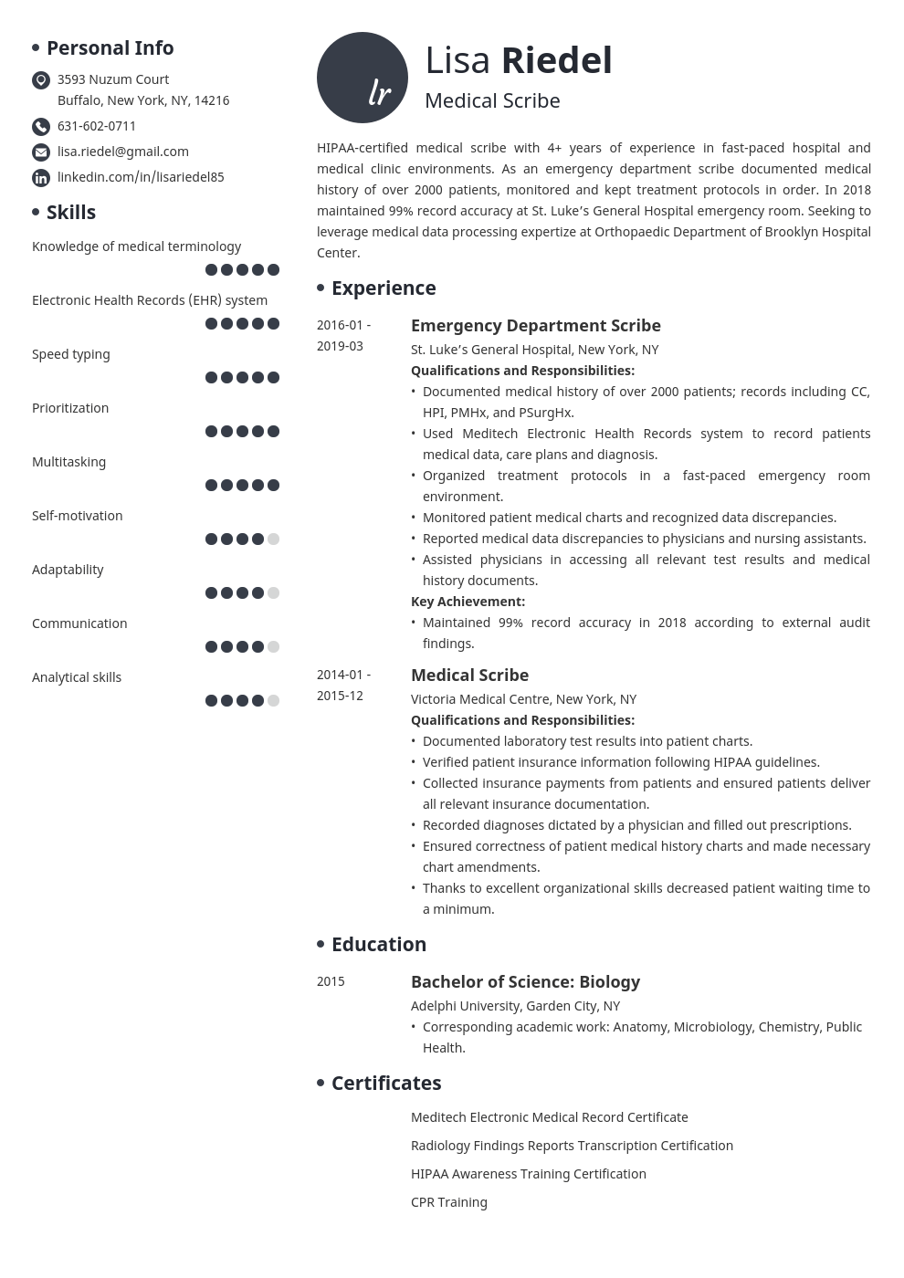 medical scribe resume sample