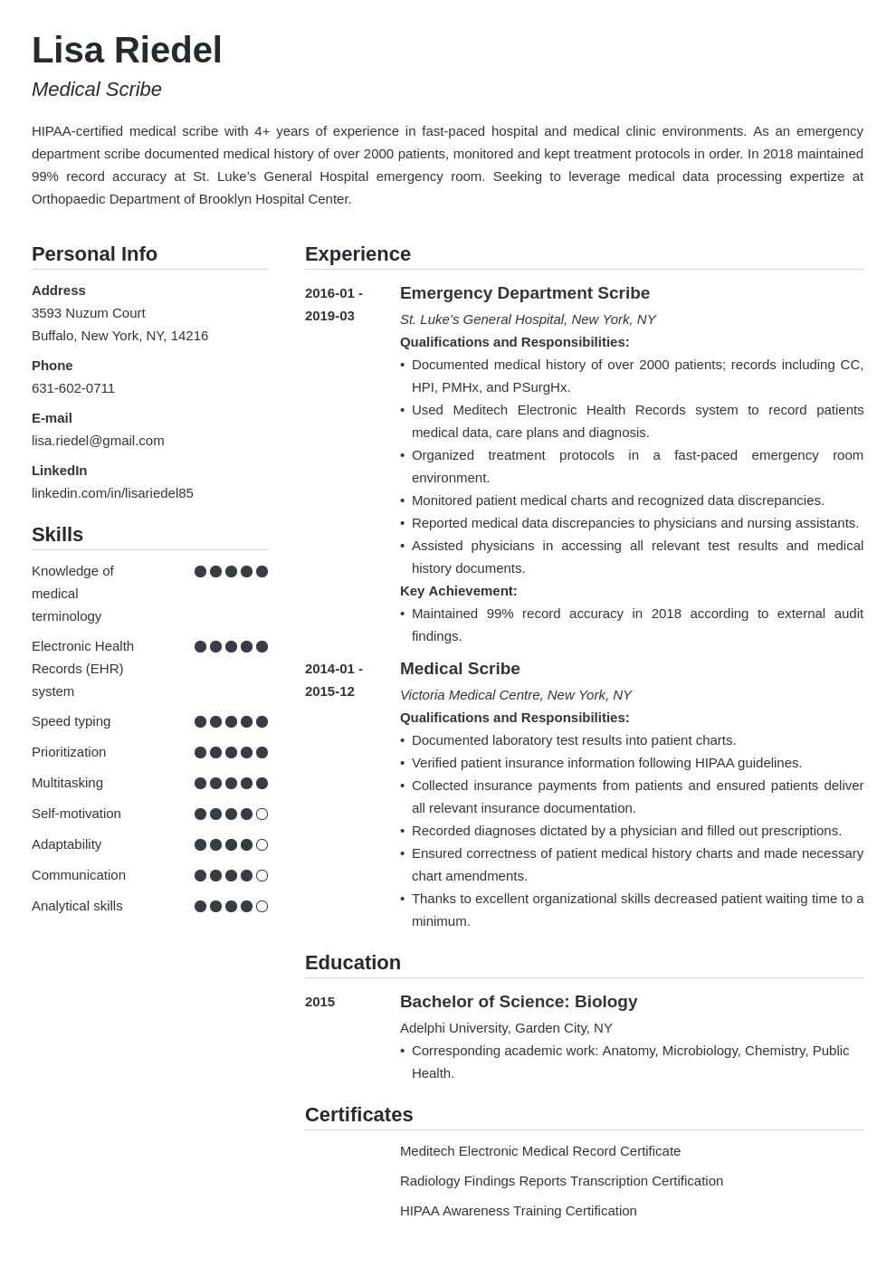 medical scribe resume example template simple