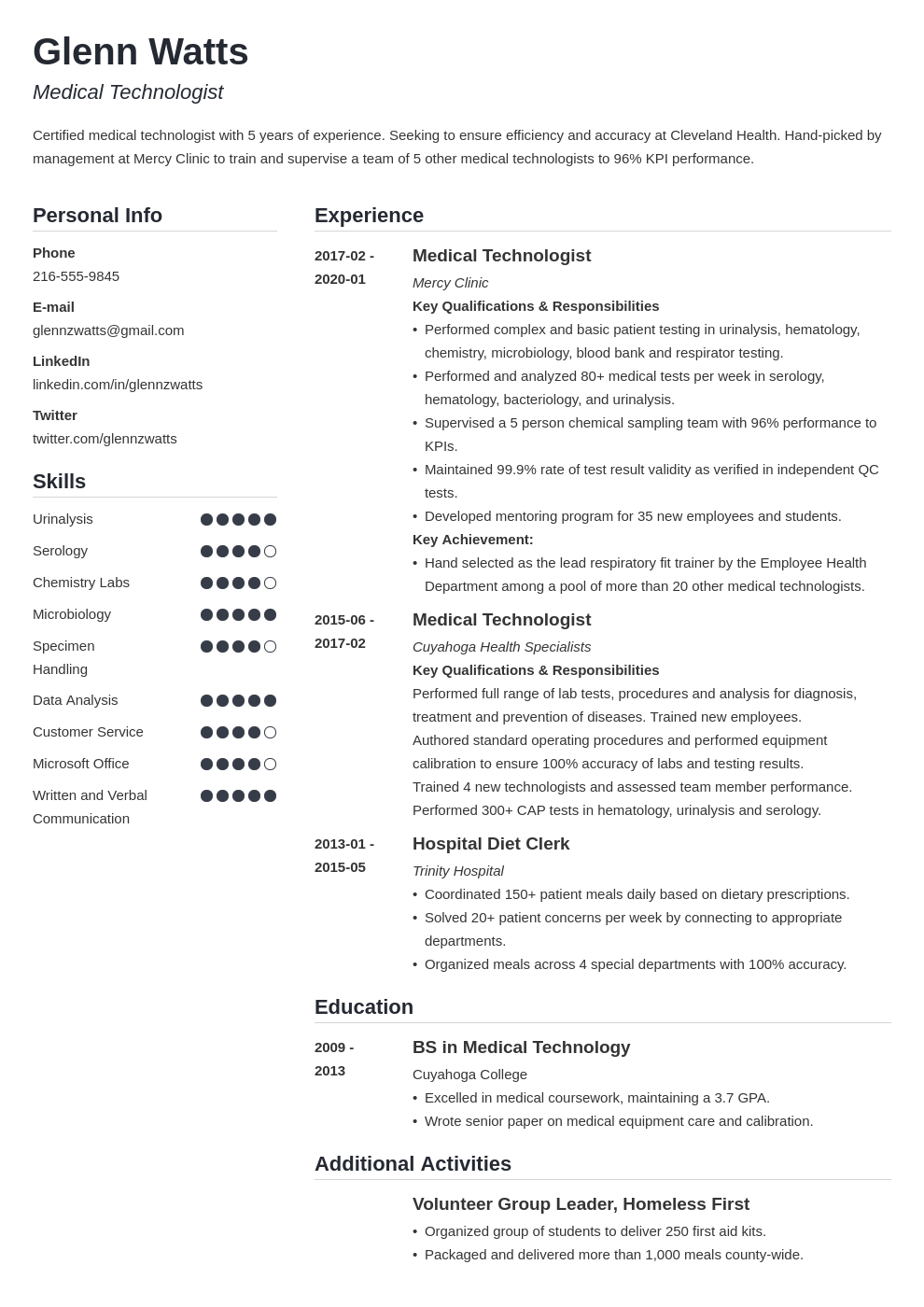 medical technologist resume example template simple