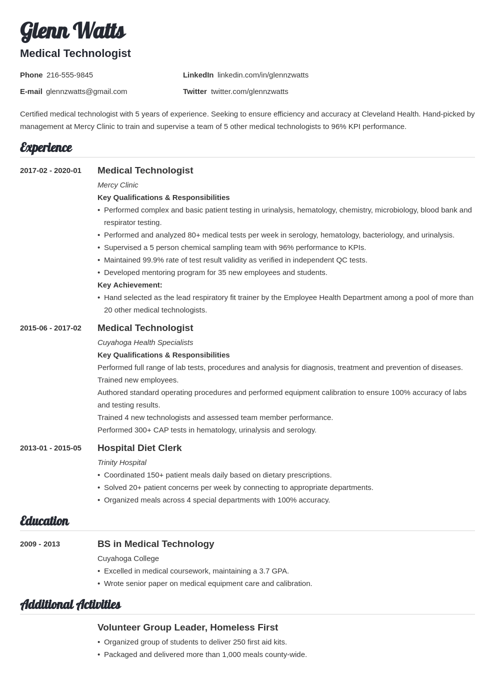 Medical Technologist Resume: Samples and Guide