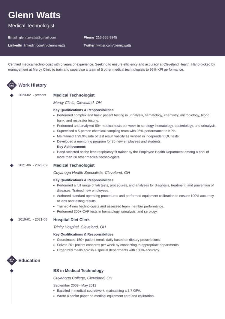 Medical technologist resume on Diamond resume template by Zety