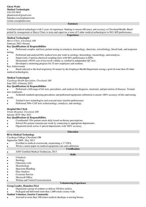 Medical Technologist Resume Example