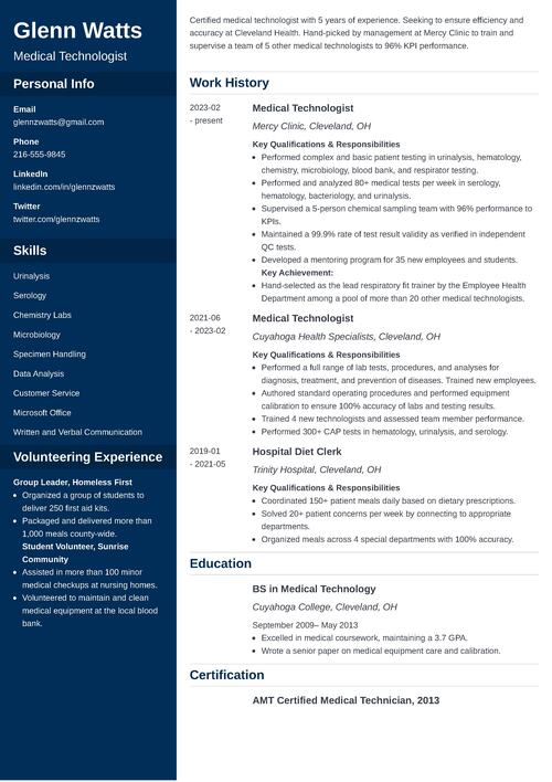 Medical Technologist Resume Example