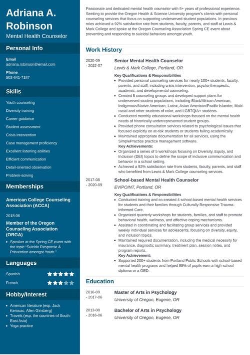mental health counselor resume example