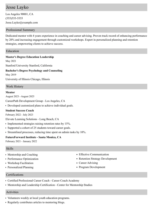 mentor resume example