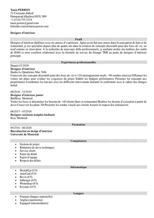Exemple de CV de designer d’intérieur sans photo en noir et blanc