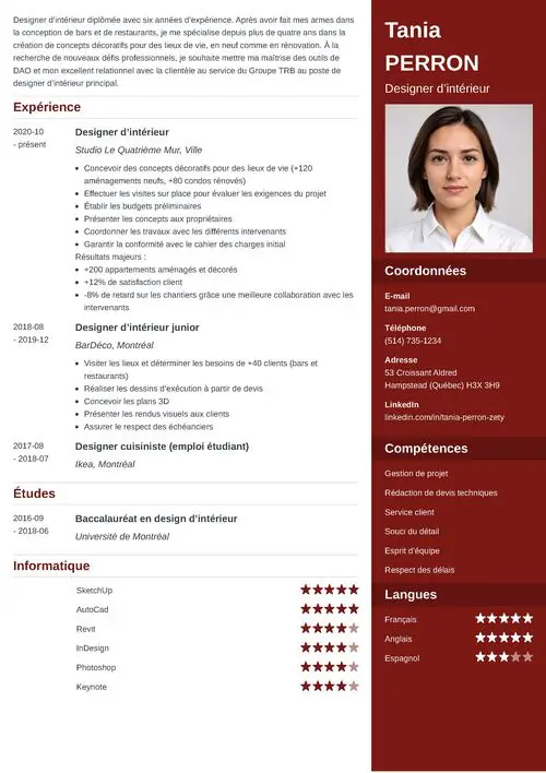 Exemple de CV de designer d’intérieur avec photo et colonne latérale de couleur marron