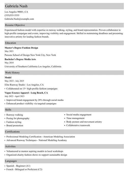 Model resume example