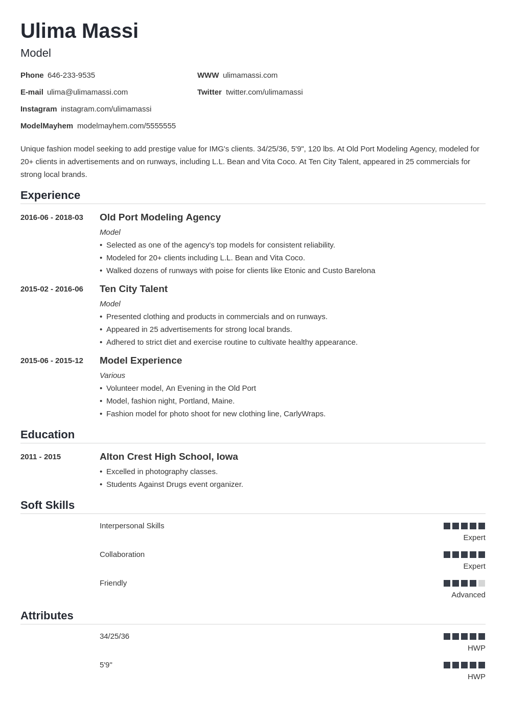 Resume For Modelling