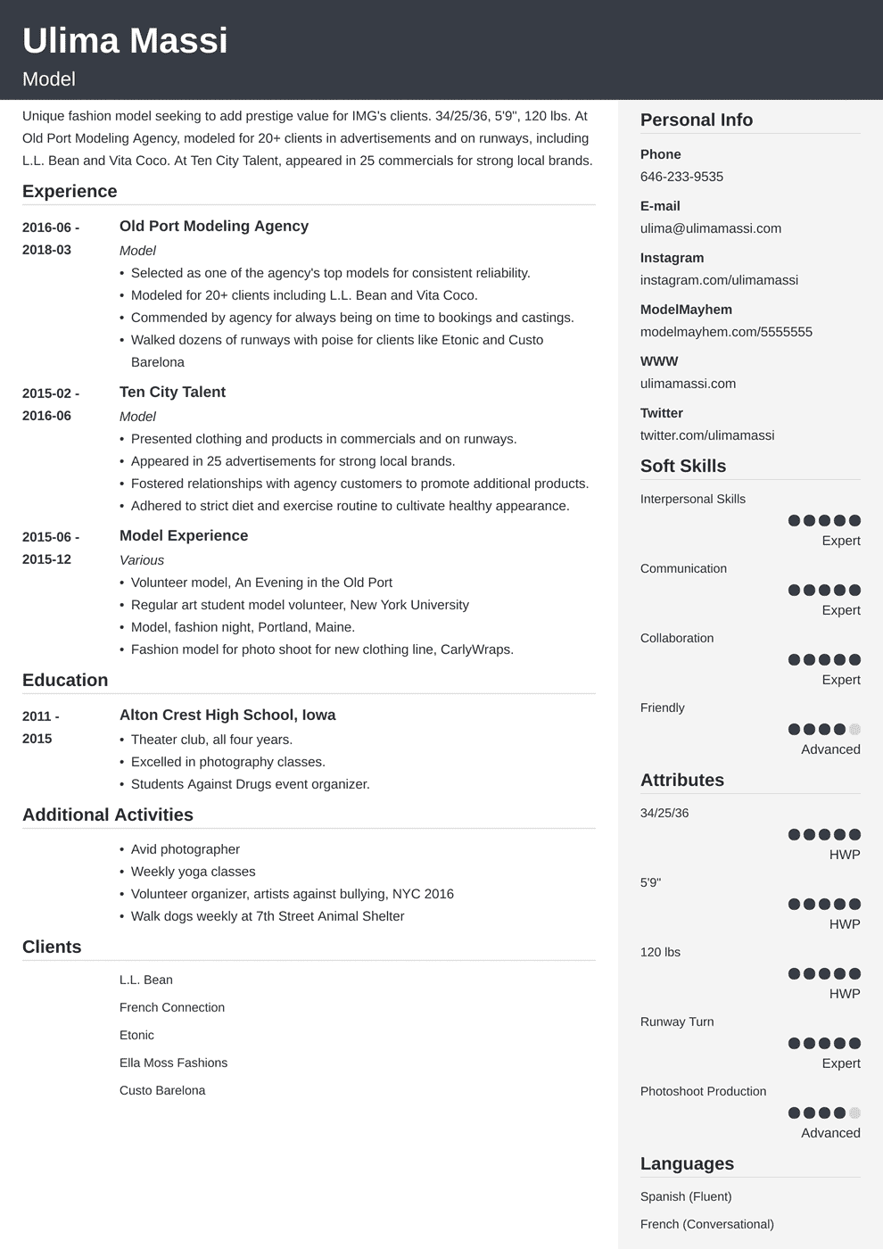 Model Resume Sample Guide Modeling Bio Template 