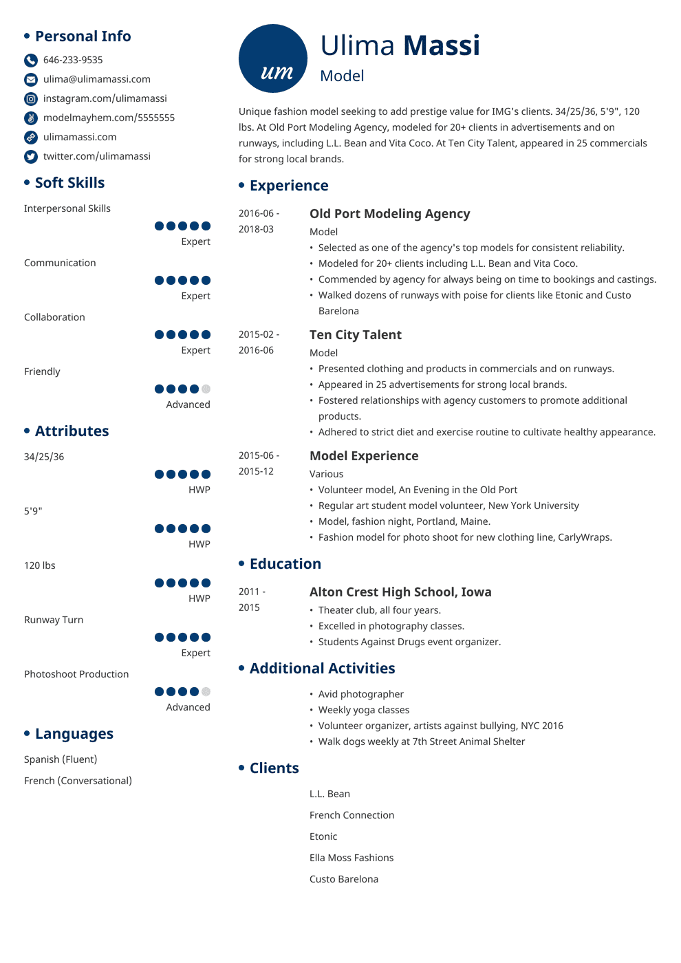 Model Resume: Sample Guide  Modeling Bio Template