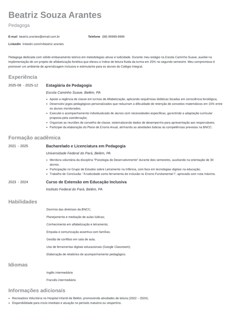 modelo de currículo para primeiro emprego minimo