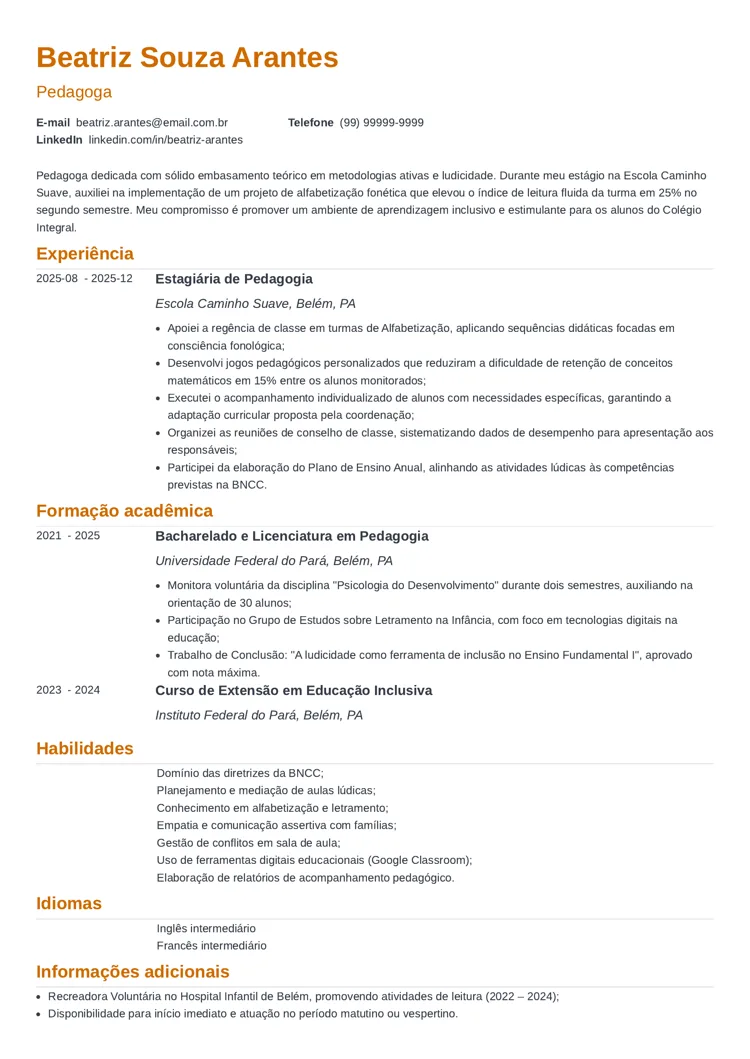 modelo de currículo para primeiro emprego nanica